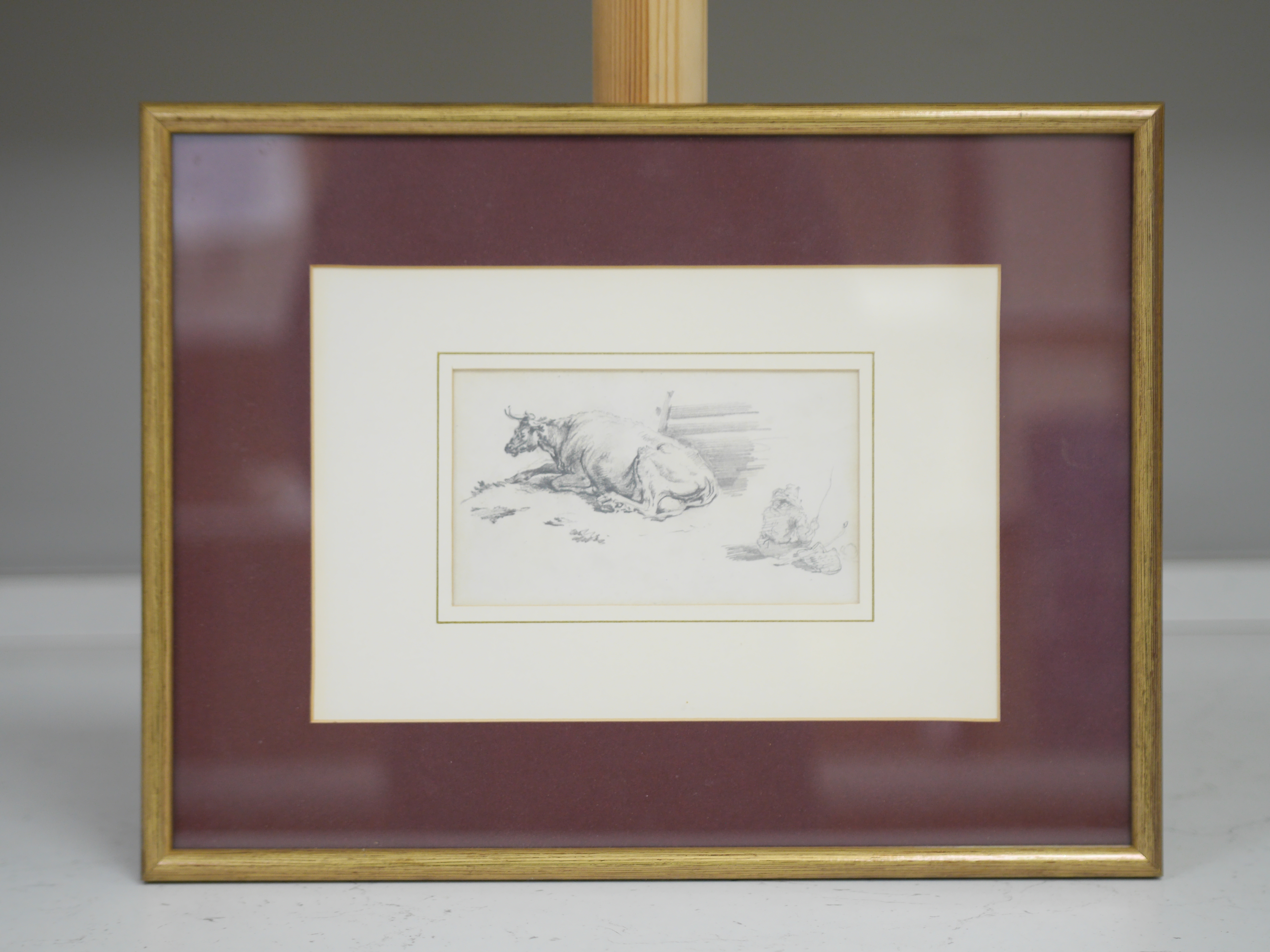 George Cuitt (1779-1854), pencil sketch, Recumbent cow and figure fishing, unsigned, inscribed verso, 8 x 14cm. Condition - good